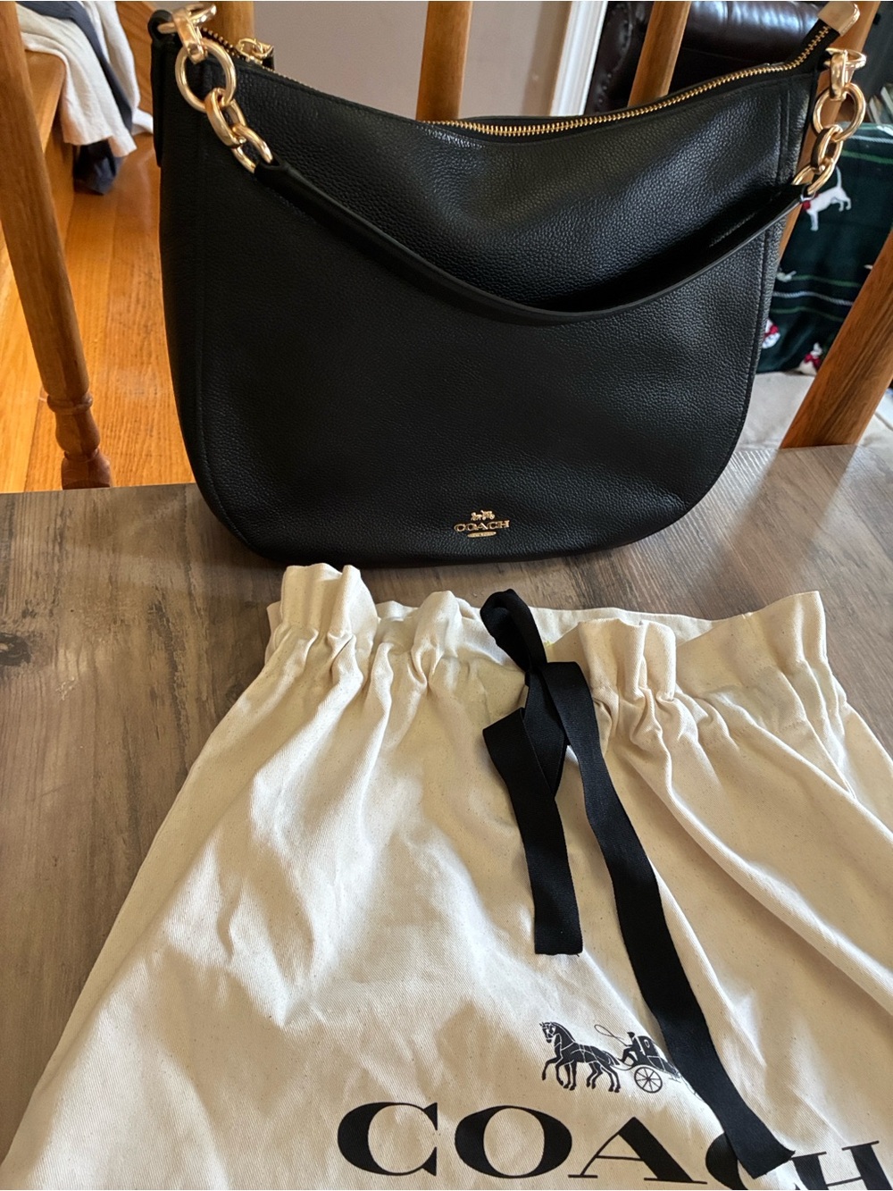 Coach Black Pebbled Leather Shoulder Bag with Gold Chain Accents